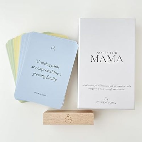 It's Okay Mama Mom Affirmation Card Set for Postpartum Mom Gift for New Mama, 60 Cards with Wood Stand in Giftable Box, Blue, Green, Yellow
