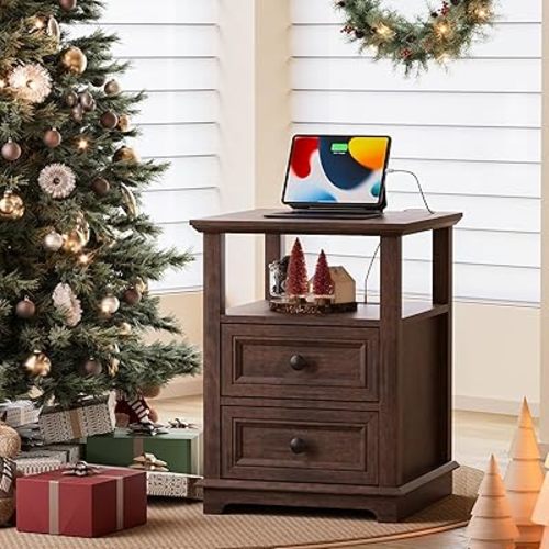24"" Tall End Table with Charging Station, Double 18W Fast Charge End Table, Large 18” Bedside Table with Drawers,Rustic Wood Storage Cabinet with Open Shelf for Bedroom,Cherry, NT07-C