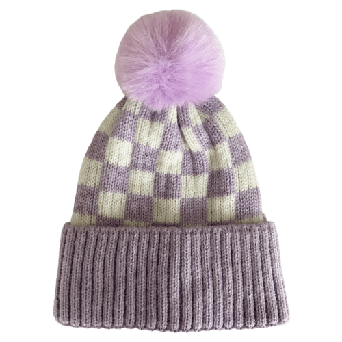 Checkerboard Fur Pom Hat, Wisteria