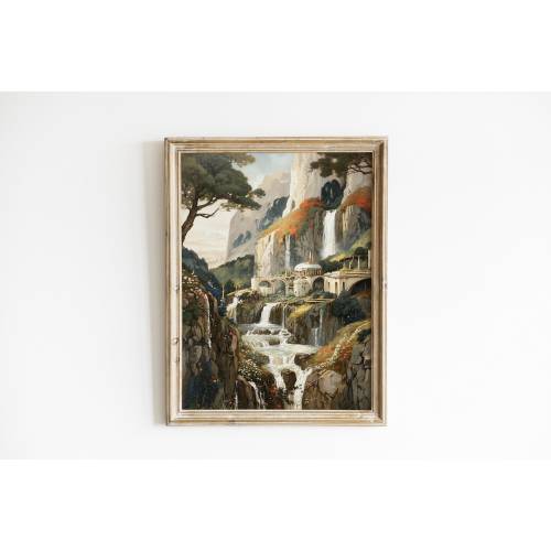 Digital Art Print Rivendell Oil Painting, LOTR Inspired Digital Download Wall Art, Fellowship of Ring Poster.