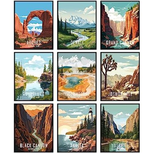 Vintage National Park Posters National Park Art Prints Set of 9 Unframed (8''x10'') Nature Wall Art and Mountain Print Travel Wall Art Living Room Bedroom Bathroom Decor (National Park B)