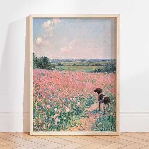 German Shorthaired Pointer Oil Painting Print, Monet Pastel Wildflower Art, Floral Landscape Wall Art