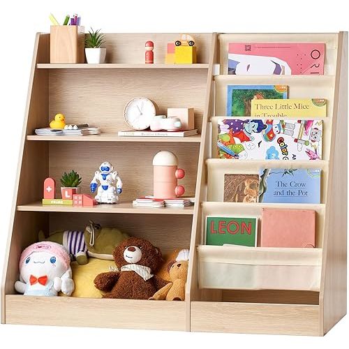 VEVOR Wooden Kids Bookshelf 4-Tier, Toy Storage Organizer for Toddler, Book Shelf for Kids Rooms with 6-Layer Sling Book Rack, Baby Book Storage Shelves for Kids Room, Playroom, Kindergarten, Nursery