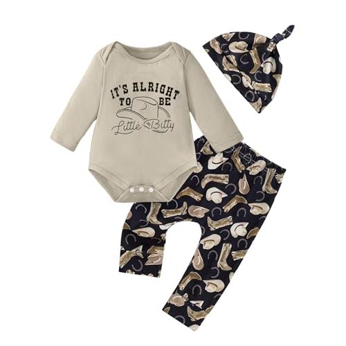 BOMDEALS Newborn Baby Boy Western Outfits - Country Cowboy Hat Print Romper Pants with Hat Fall Winter Infant Clothes Set