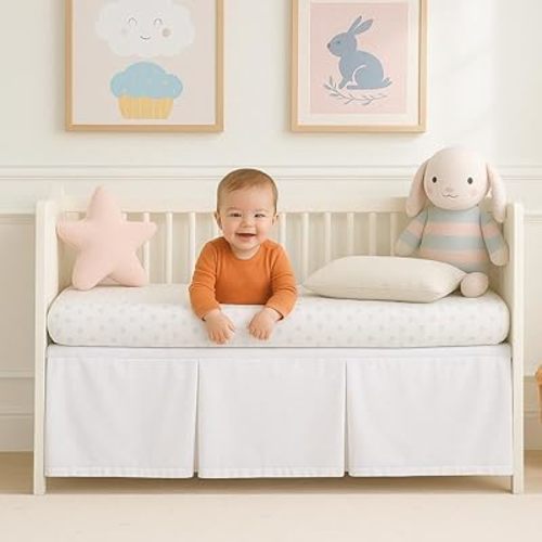 Mattress-Homes Crib Skirt Pleated, Dust Ruffle Adjustable Fit Standard Crib Nursery Crib Toddler Breathable Skirt for Baby Boys or Girls,(White Solid - 28" x 52"/16" Drop)