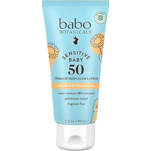 Babo Botanicals Sensitive Baby Mineral Sunscreen Lotion SPF50 - Natural Zinc Oxide - Face & Body - Fragrance-Free - Water-Resistant - EWG Verified - Vegan - Extra Sensitive Skin - For Babies & Kids