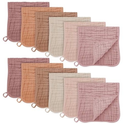 SWEET DOLPHIN 12 Pack Muslin Burp Cloths Large 100% Cotton Burping Clothes for Baby Drool - Absorbent and Soft Boys & Girls Milk Spit Up Rags for Newborn Essentials Registry - Neutral Retro