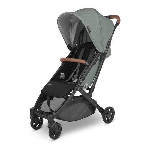 UPPAbaby Minu V2 Travel Stroller/Lightweight, Portable Design/One-Hand Fold/Shoulder Strap and Leather Bumper Bar Included/Gwen (Green Mélange/Carbon Frame/Saddle Leather)