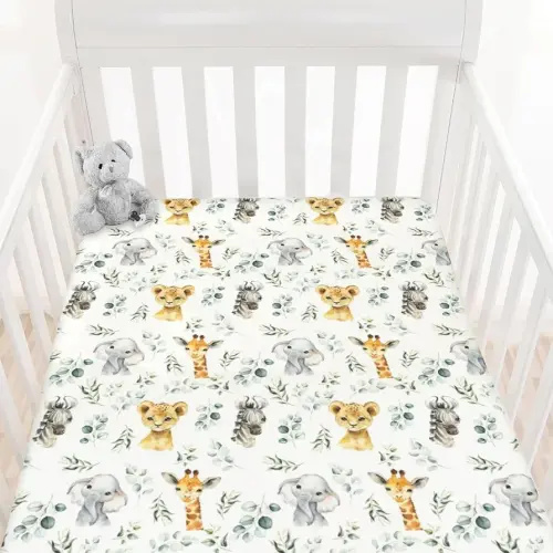 HawSkgFub African Safari Animal Eucalyptus Leaf Fitted Standard Baby Crib Sheet, Neutral Jungle Elephant Giraffe Zebra Lion Toddler Mattress Cover, Soft Stretchy Nursery Bed Sheets Kids Gift 52" x 28"