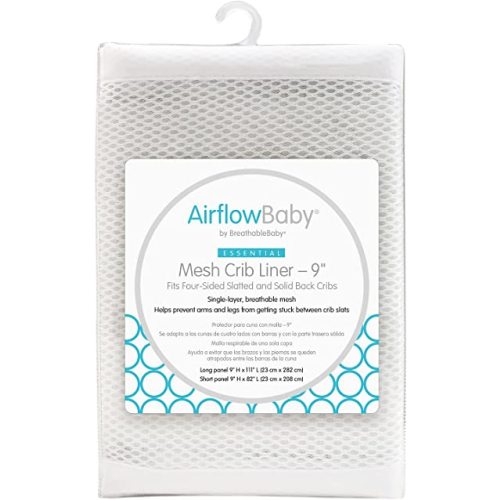 AirflowBaby Breathable Mesh Liner for Full-Size Cribs, 9"H (23cm) Essential 2mm Mesh, White (Size 4FS Covers 3 or 4 Sides)