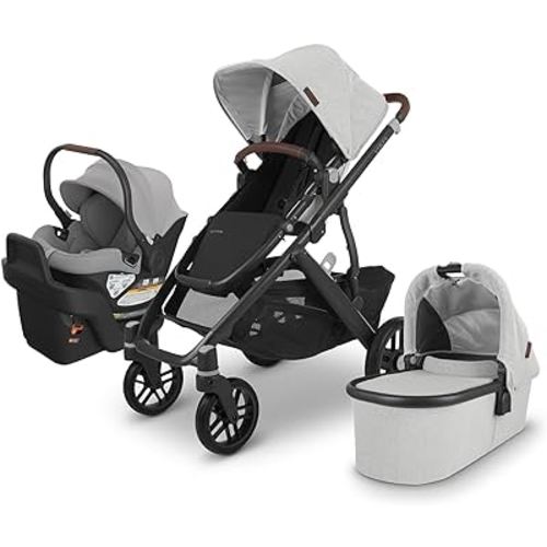 UPPAbaby Travel System, includes Vista V2 Stroller + Aria Lightweight Car Seat Combo/Bassinet, Toddler Seat, Rain Shield, Storage Bag, Car Seat, Base + Infant Insert Included/Anthony (White + Grey)