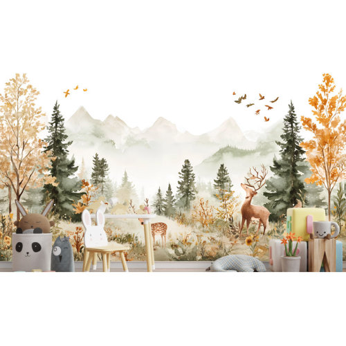 Redwood Rover Watercolor Forest Deer Wallpaper - Autumn Landscape Mural With Mountains, Trees & Wildlife For Nursery, Kids Room Or Woodland Rustic Interior Decor VN294 | Wayfair