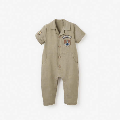 Linen Blend Patch Jumpsuit OLIVE GREEN / 3-6M