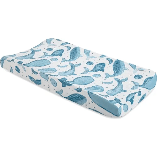 Crane Baby Quilted Changing Pad Cover with Animal Print, Breathable Cotton Sateen, Fits Standard 16”X32” Pads, Ocean Whale Blue