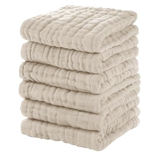 Muslin Baby Washcloths 6 Pack, 100% Cotton Wash Cloths for Babies, Large 12''X12'' Absorbent and Soft for Newborn Boys Girls - Apricot - 12x12in