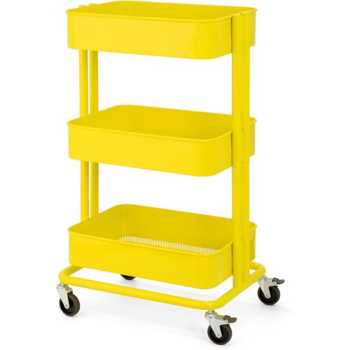 3 Tier Rolling Cart Metal Heavy Duty Utility Cart with Silent Caster Lockable Wheel Multi-Functional Organization Carts Storage Trolley with Mesh Shelves for Office Kitchen Living Room Yellow