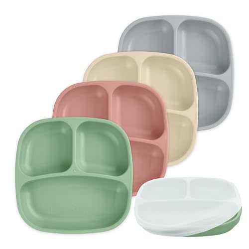 Re-Play Toddler Plates with Dividers & Silicone Lid - Deep-Walled 3 Compartments Divided Plates for Kids - Dishwasher/Microwave Safe - Made in USA - Set of 4-7.37" x 7.37" x 1.25" - Desert Sands