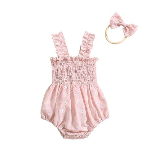 Kuriozud Newborn Baby Girl Smocked Bubble Romper Floral Halter Jumpsuit Headband Outfit Infant Clothing Cute Summer Clothes