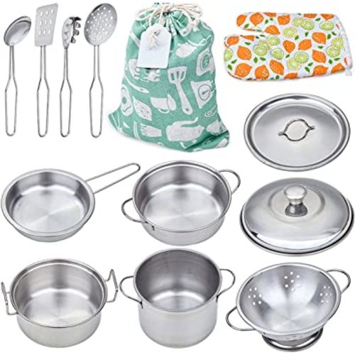 Play Pots and Pans Toys for Kids - Kitchen Playset Pretend Cookware Mini Stainless Steel Cooking Utensils Development Toys for Toddlers & Children Ages 3 Years and up