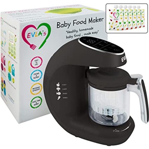 EVLA'S Baby Food Maker, Healthy Homemade Baby Food in Minutes, Steamer, Blender, Baby Food Processor, Touch Screen Control, includes 6 Reusable Food Pouches for Storage or Travel, Dark Gray - Dark Grey