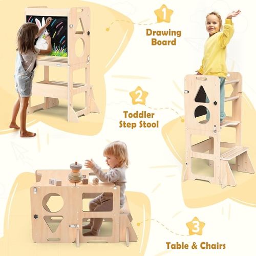 4-in-1 Toddler Kitchen Step Stool, Foldable Learning Standing Tower with Blackboard, Wooden Kitchen Stool Helper for Kids, 1-3 Year Old Boy Girl Gifts