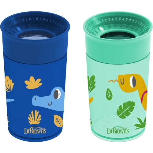 Dr. Brown's Milestones Cheers 360 Cup Spoutless Transition Cup, Travel Friendly & Leak-Free Sippy Cup, Blue Alligator – Turquoise Snake, 10 oz/300 mL, 2 Pack