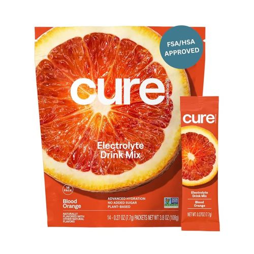 Cure Hydration | Plant-Based Electrolyte Drink Mix | No Added Sugar | Dehydration Relief Powder Made with Coconut Water | Non-GMO | Vegan | Pouch of 14 Packets - Blood Orange