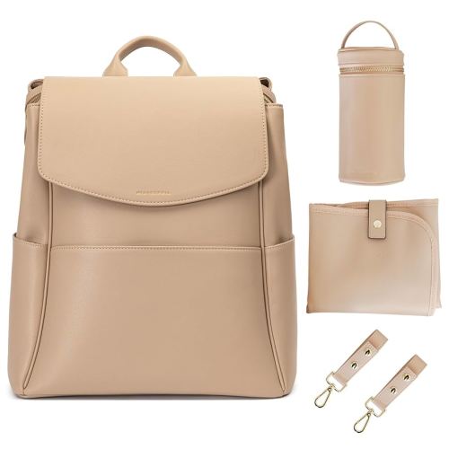 Leather Diaper Bag Backpack with USB Charging port, Changing Pad, Stroller Straps, and Bottle Holder (Beige Olivia)