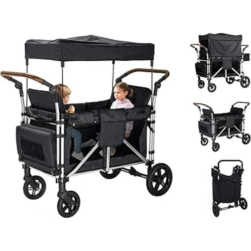 Wagon Stroller for 2 Kids, Stroller Wagon for 2 Kids Featuring 2 High Seat with 5-Point Harnesses and Adjustable Canopy, Foldable Double Push Bar for Garden (Black)
