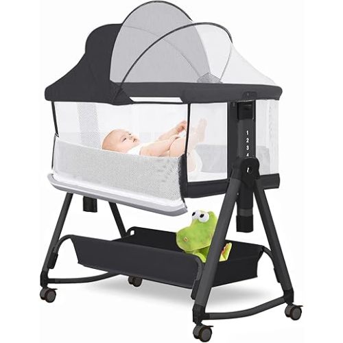 Baby Bassinet Bedside Sleeper for Baby, 7 Height Adjustment Bedside Bassinet for Newborn, 3 in 1 Sturdy Bassinets Co-Sleeper with Wheels and Soft Mattress, Black, Jestonten