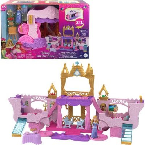 Disney Princess Carriage To Castle Transforming Playset 18pc With Aurora Small Doll, 4 Figures & 3 Levels