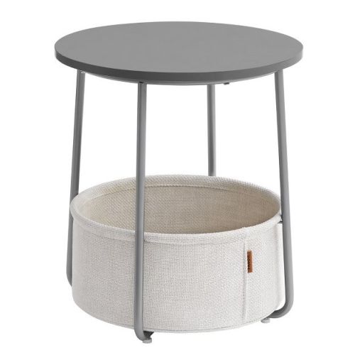 Small Round End Table Nightstand Side Table with Fabric Basket Cement Gray and Cream White