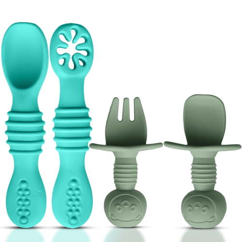 HippoBaby 4pc Silicone Baby Utensils Set, Self-Feeding Spoons & Fork for 6-12 Months, Toddler Essentials (Blue/Green)