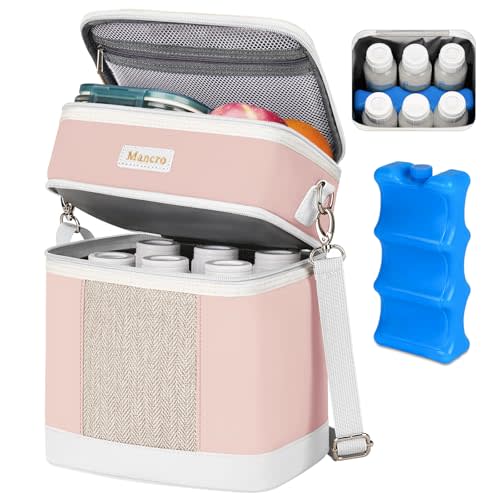 Mancro Breast Milk Cooler Travel Bag with Ice Pack, Double Layer Baby Bottle Cooler Bag Fits 6 Bottles Up to 9 Ounces,Insulated Bottle Bags for Daycare & Travel,Pink
