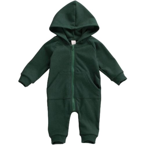 Infant Baby Boys Girls Zipper Warm Hooded Romper Jumpsuit Solid Long Sleeve Bodysuit Outfit Fall Winter Clothes - A-green - 0-3M