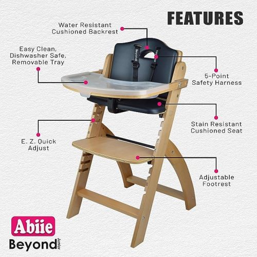 Abiie Beyond Junior Wooden High Chair with Tray. The Perfect Adjustable Baby Highchair Solution for Your Babies and Toddlers or as a Dining Chair. 6 Months up to 250 Lb. Natural Wood/Black Cushion - 1 Count (Pack of 1) - Natural Wood - Black Cushion
