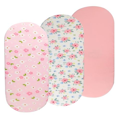 Bassinet Sheets Set 3 Pack for Baby Girl, Stretchy Soft Jersey Knitted Fitted Sheet Universal for Oval Rectangle and Hourglass Bassinet Mattress, Pink Floral