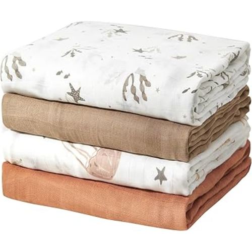 Momcozy Muslin Swaddle Blankets, Ultra Soft Neutral Swaddle Blanket, Breathable Large 47'' x 47'' Baby Infant Newborn Boys Girls Swaddling Receiving Blanket Wraps, Ocean World