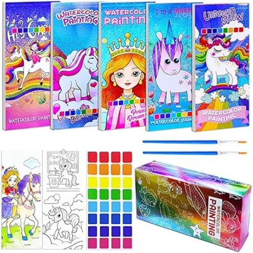 BAOXUE 5PCS Water Color Paint Sets for Kids, Pocket Watercolor Painting coloring Book, Paint With Water Books for Kids Ages 4-8, Art Craft Set for Girls Boys Drawing with Brush