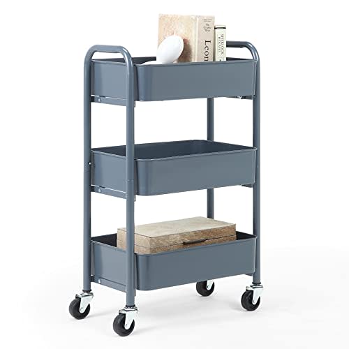 SunnyPoint 3-Tier Delicate Compact Rolling Metal Storage Organizer - Mobile Utility Cart Kitchen/Under Desk Cart with Caster Wheels (Blue, Compact (15.5" X 26.8" X 10.27"))