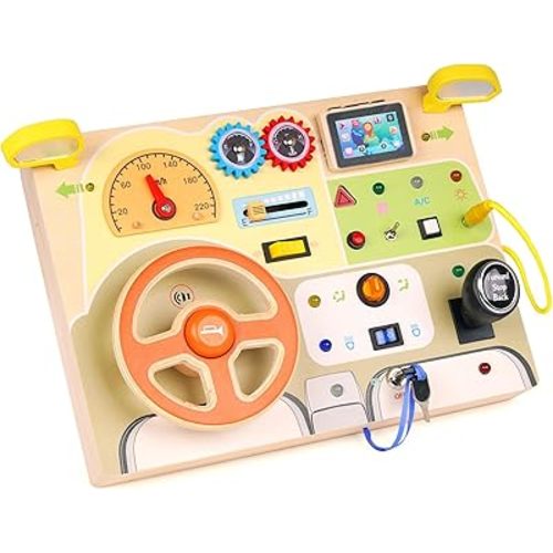 XAOHAO Montessori Busy Board for Toddlers Car Steering Wheel Busy Board Wooden Baby Sensory Montessori Toys,Travel Toy Fidget Board Learning Activity Board for Fine Motor Skills Educational Toy