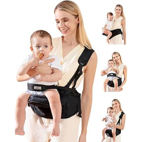 Baby Carrier, MOMTORY Hip Seat Carrier with Adjustable Strap & Various Pockets, Ergonomic Baby Hip Seat Carrier for Infants & Toddlers up to 50lbs (Black)