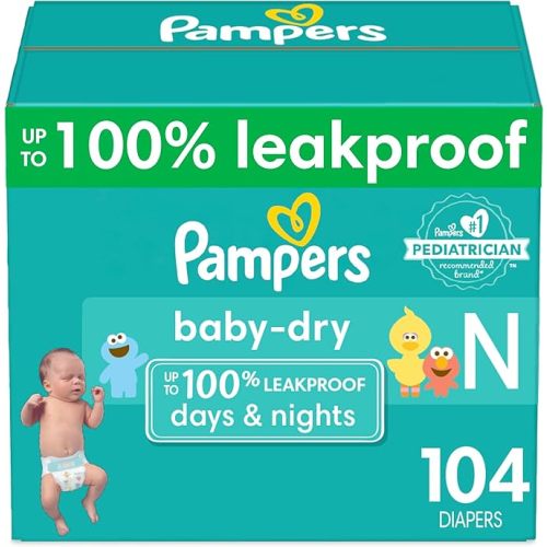Pampers Baby Dry Diapers Newborn - Size 0, 104 Count, Absorbent Disposable Diapers
