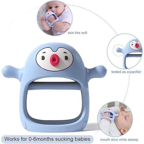Smily Mia 2pack Baby Teething Toys for 0-6 3-6Months |Penguin Teether | Hand Teethers| Teething Mittens|Chew Toys for Teething Pain Relief, Baby Pacifiers| New Born Essentials, Blue+Grey