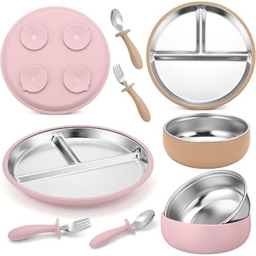 Honeydak 2 Pack Stainless Steel Baby Plates and Bowls with Suction & 2 Pack Spoons and Forks Set, Toddler Utensils Baby Feeding Set, Divided Plates for Kids Led Weaning Supplies(Pink,Matte Tan)