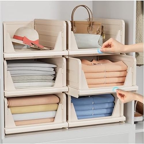 6 Pack Folding Closet Organizers Storage Box, Stackable Plastic Storage Basket, Closet Organizers and Storage Drawer Shelf Storage, Storage Container for Cupboard Kitchen Bathroom Bedroom (6L) Beige
