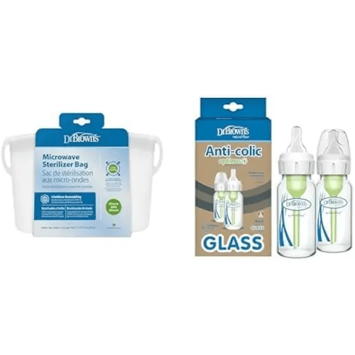 Dr. Brown's Reusable Silicone Sterilizer Bag, Narrow Glass Baby Bottles with Anti-Colic Vent System, Level 1 Slow Flow Nipples, 120mL 2 Pack