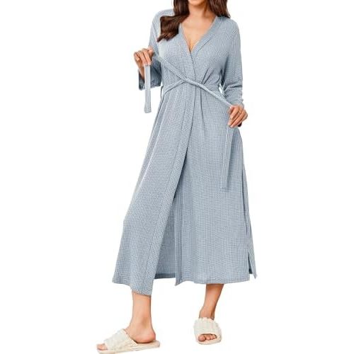 Ekouaer Women's Robe Long Waffle Knit Bathrobe Lightweight Soft Kimono Robes Loungewear S-XXL