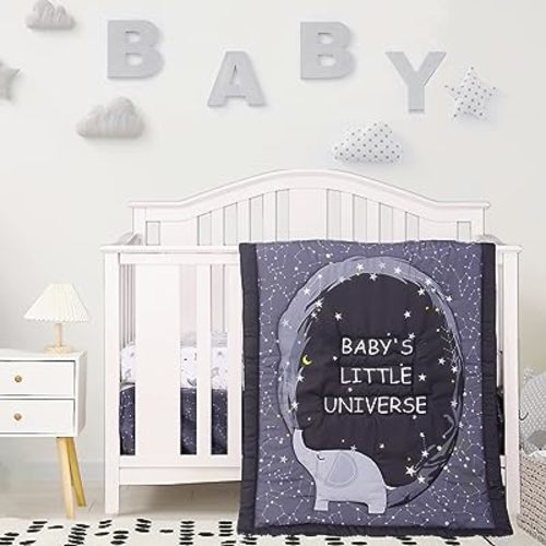 Crib Bedding Set for Boys Girls Soft Cute 3Piece Toddler Baby Bedding Crib Sets for Boys Space Elephant Black Grey | Crib Comforter, Fitted Sheet, Dust Ruffle