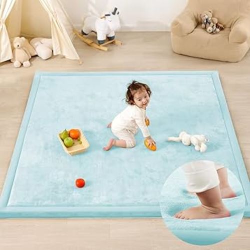 1.3" Thick Baby Play Mat for Floor Playpen, 50x50 Foam Tummy Time Mat, Padded Support Soft Plush Nursery Rug for Infant Kids Toddler Crawling Kick Activity (Ice Blue)
